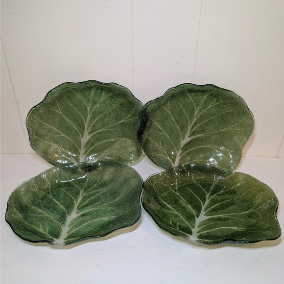 Set of 4 Vintage Green Glass Cabbage Leaf Shaped Serving Dishes Appetizer Plates - Picture 3 of 16